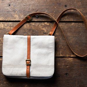 White and Tan Leather Fossil Crossbody Purse